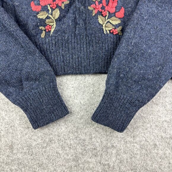 Meadows Filbert Knit Wool Sweater Womens 2 Blue Floral Embroidered Chunky Crop - Picture 4 of 12